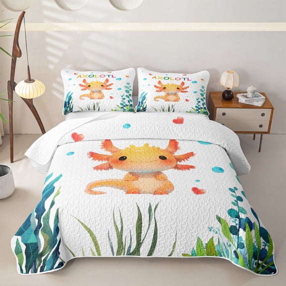 Manfei Watercolor Axolotl Bed Spread Queen,Simple Ocean Plants Queen Coverlet Set For Girls,Orange Yellow,3-Piece