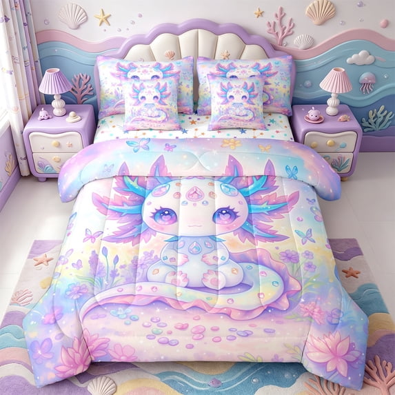 Manfei Watercolor Axolotl Pattern 7-Piece King Bedding,3D Print Salamander King Bed in a Bag,Colorful Stars Reversible