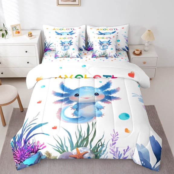 Manfei Watercolor Axolotl Twin Bedding,Cute Underwater Seaweed Bedding Comforter Set For Girls,Multicolor,Colorful Stars Reversible,7 Pieces