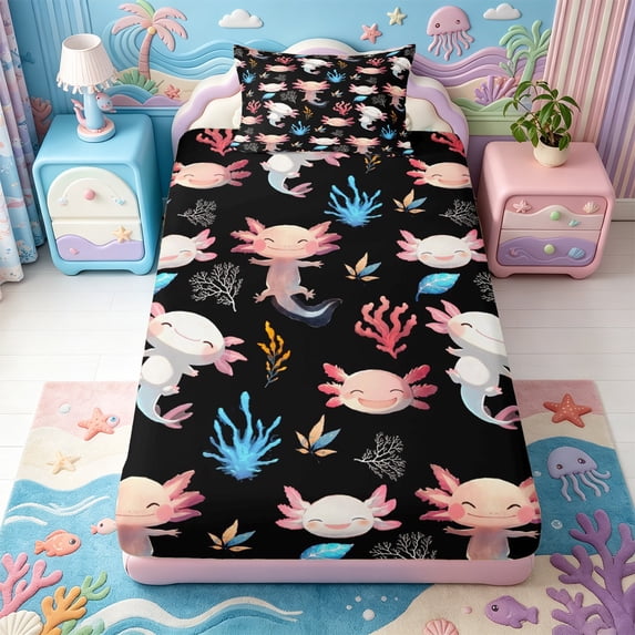 Manfei Watercolor Axolotl Twin Fitted Sheet,Kawaii Animals Pattern Bedding,2pcs,1 Fitted Sheet and 1 Pillowcase