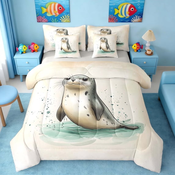 Manfei Watercolor Baby Seal Bedding Comforter Set for Kids Boys and Girls, Marine Life Print King Bedding Sets, Gray Reversible 7pcs