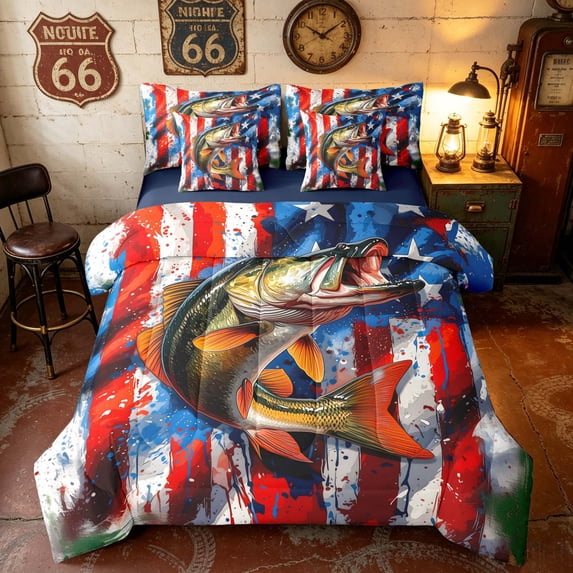 Manfei Watercolor Bass Fish Full Size Bedding Sets, Patriotic US Flag Full Size Bed in a Bag, Red Blue Green, Navy Reversible 7-Piece