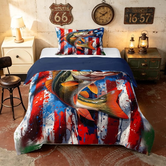 Manfei Watercolor Bass Fish Twin Comforter Sets, Patriotic US Flag Bedding Set, Red Blue Green, Navy Reversible 2 Pieces, 1 Comforter and 1 Pillowcase