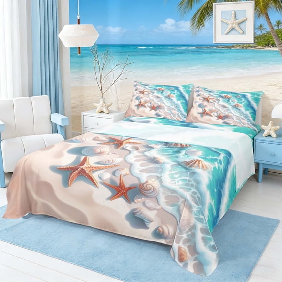 Manfei Watercolor Beach Wave Seashell Starfish Queen Sheet Sets for Kids Boys and Girls, Coastal Nautical Print Bed Set 4-Piece, 1 Flat Sheet, 1 Fitted Sheet and 2 Pillowcases