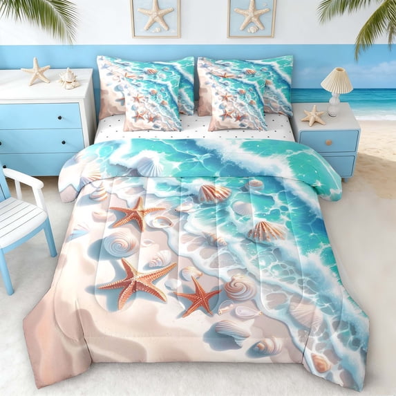 Manfei Watercolor Beach Wave Seashell Starfish Twin Bedding Sets for Kids Boys and Girls, Coastal Nautical Print Bedding Comforter Set, Reversible 7-Piece