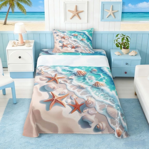 Manfei Watercolor Beach Wave Seashell Starfish Twin Sheet Sets for Kids Boys and Girls, Coastal Nautical Print Bedding 3-Piece, 1 Flat Sheet, 1 Fitted Sheet and 1 Pillowcase
