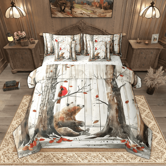 Manfei Watercolor Bear Cardinal Bird Bedding Comforter Set 7 Pieces, Brown Branches Queen Bedding Sets, Fall Maple Leaves Queen Sheet Sets, Super Cozy Room Decor