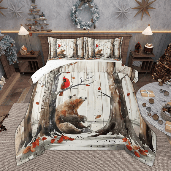 Manfei Watercolor Bear Cardinal Bird Bedding Comforter Set, Brown Branches Twin Comforter Sets, Fall Maple Leaves Bedding Set, Super Cozy Room Decor Reversible 2pcs