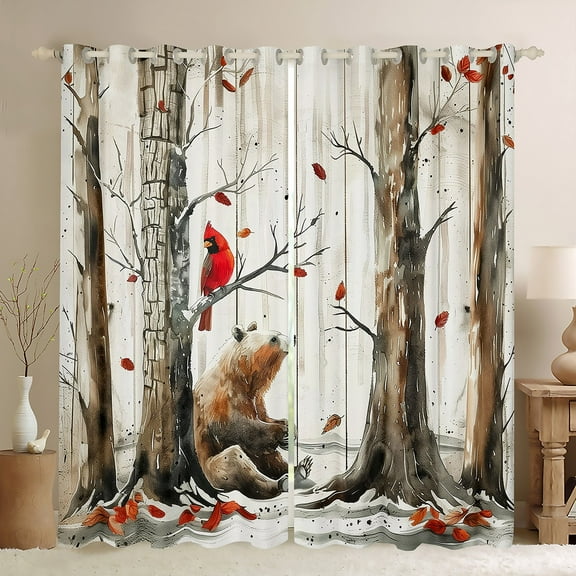 Manfei Watercolor Bear Cardinal Bird Blackout Curtains Set of 2 (52x84 Each), Brown Branches Window Curtains, Fall Maple Leaves Curtains and Drapes, Luxurious Room Decor