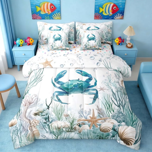 Manfei Watercolor Blue Crab Underwater Coral Seashell Bedding Comforter Set for Kids Boys and Girls, Nautical Marine Life Print Full Bedding Set, Stars Reversible 7-Piece