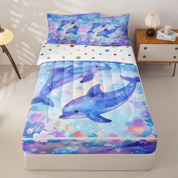 Manfei Watercolor Blue Dolphin Starry Sky Flower Sea Zipper Twin Comforter Sets with Fitted Sheet and 2 Pillowcases, Marine Life Print Zipper Bedding Set, Polka Dots Reversible, 4-Piece