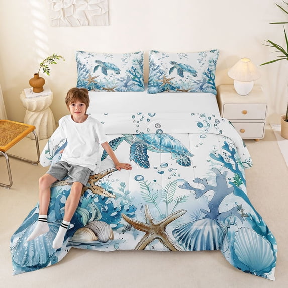 Manfei Watercolor Blue White Sea Turtle Queen Comforter Set for Kids Boys and Girls, Starfish Coral Bedding Comforter Set, Reversible 3-Piece, 1 Comforter and 2 Pillowcases