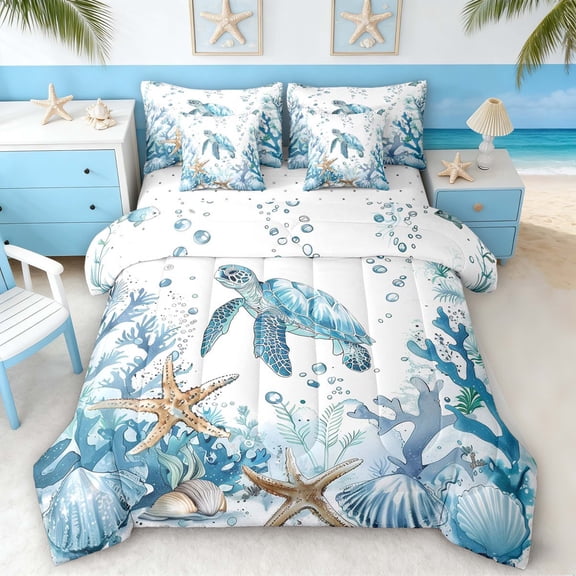 Manfei Watercolor Blue White Sea Turtle Twin Bedding Sets for Kids Boys and Girls, Starfish Coral Bedding Comforter Set, Reversible 7-Piece