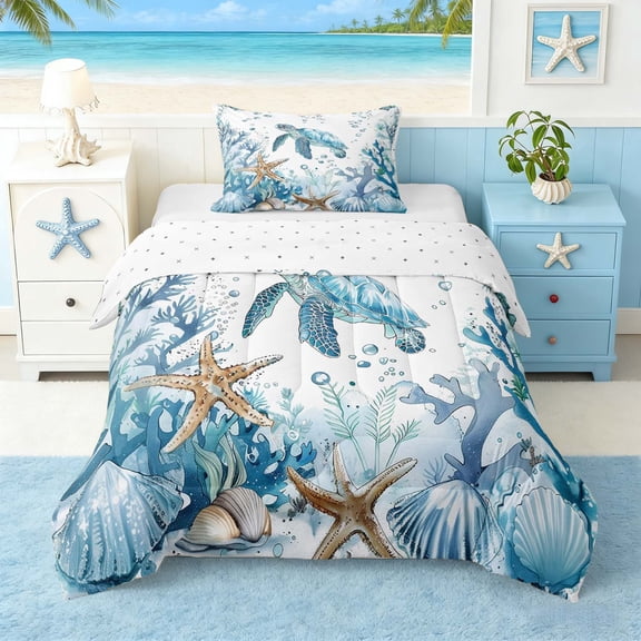 Manfei Watercolor Blue White Sea Turtle Twin Comforter Sets for Kids Boys and Girls, Starfish Coral Bedding Set, Reversible 2-Piece, 1 Comforter and 1 Pillowcase