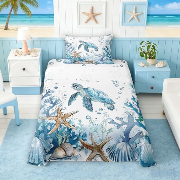 Manfei Watercolor Blue White Sea Turtle Twin Sheet Sets for Kids Boys and Girls, Starfish Coral Bedding 3-Piece, 1 Flat Sheet, 1 Fitted Sheet and 1 Pillowcase