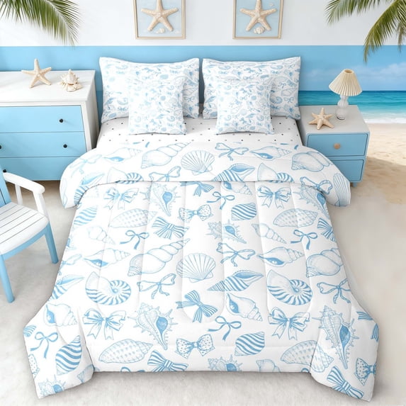 Manfei Watercolor Blue White Seashell Bow Bedding Comforter Set for Kids Boys and Girls, Kawaii Ocean Wildlife King Bedding Sets, Reversible 7 Pieces