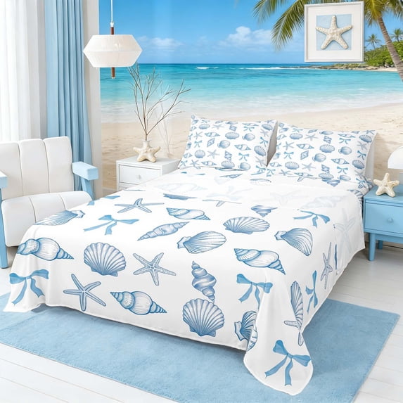 Manfei Watercolor Blue White Seashell Starfish Bow Queen Sheet Sets for Kids Boys and Girls, Marine Animal Bed Set 4-Piece, 1 Flat Sheet, 1 Fitted Sheet and 2 Pillowcases