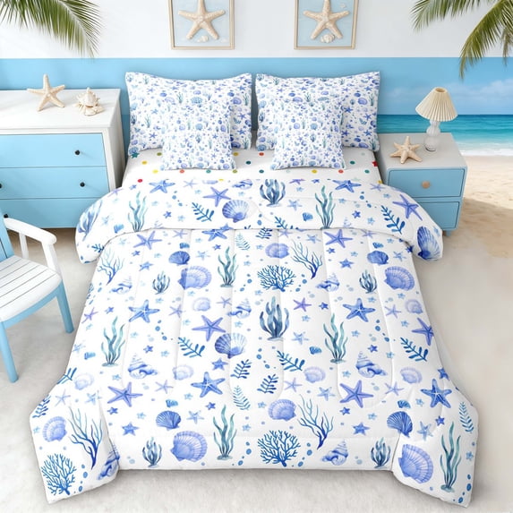 Manfei Watercolor Blue White Seashell Starfish Coral Bedding Comforter Set for Kids Boys and Girls, Marine Life Print Queen Bedding Sets, Polka Dots Reversible 7pcs
