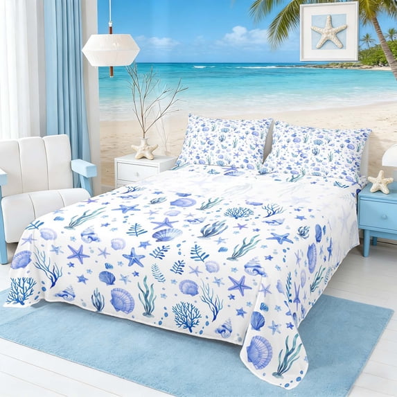 Manfei Watercolor Blue White Seashell Starfish Coral Full Size Sheets for Kids Boys and Girls, Marine Life Print Bed Sheets 4pcs, 1 Flat Sheet, 1 Fitted Sheet and 2 Pillowcases