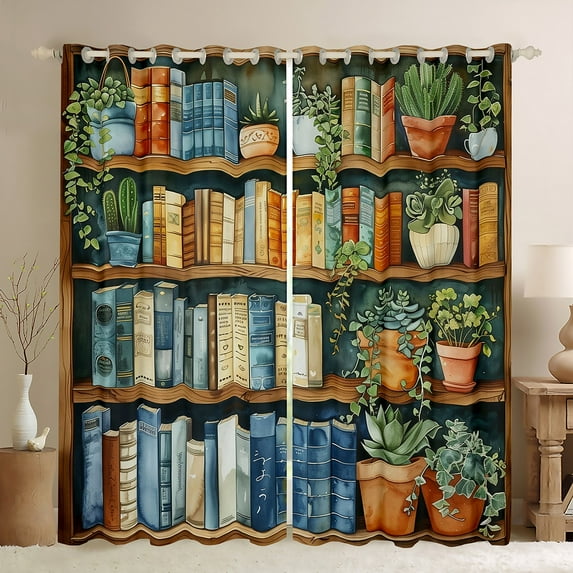Manfei Watercolor Books Black Out Curtains, Old Bookshelf Curtains Pack of 2 (42x63 Each), Vintage Library Bookstore Bedroom Curtains, Luxury Bedroom Decor