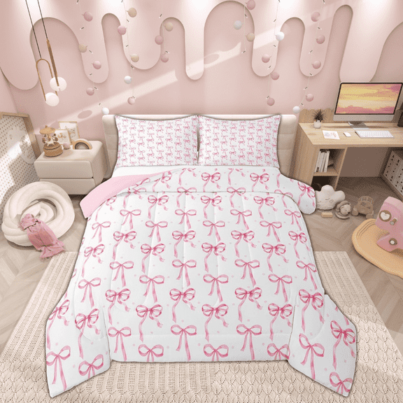 Manfei Watercolor Bow Kids Twin Comforter Sets, Pink Ribbon Bedding Set