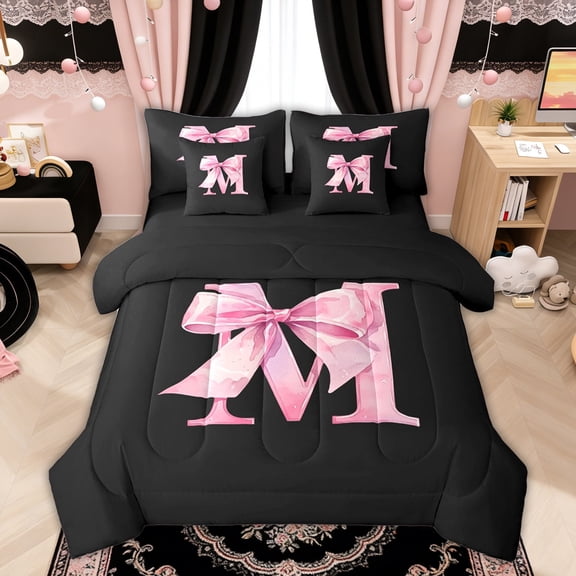 Manfei Watercolor Bow Letter M Twin Bedding Sets for Girls, Black Pink Initial Bedding Comforter Set, Black Reversible, 7pcs