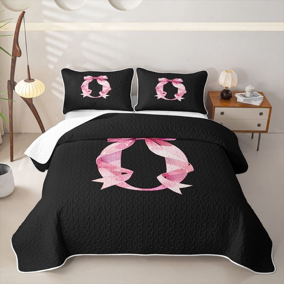 Manfei Watercolor Bow Letter O Quilt King for Girls, Black Pink Initial King Coverlet Set