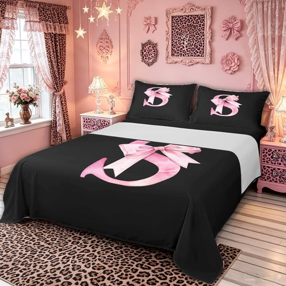 Manfei Watercolor Bow Letter S Queen Sheet Sets for Girls, Black Pink Initial Bed Set, 4pcs