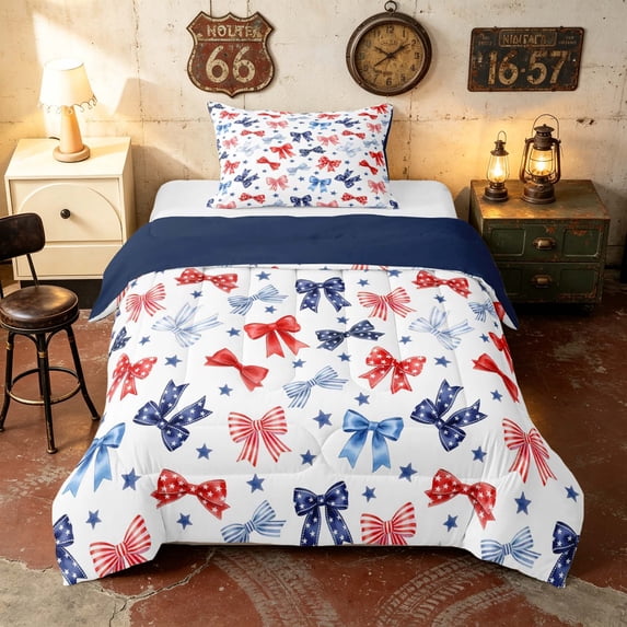 Manfei Watercolor Bow Star Twin Comforter Sets, Watercolor Stripe Bowtie Bedding Set, Red Blue White, Navy Reversible 2-Piece, 1 Comforter and 1 Pillowcase