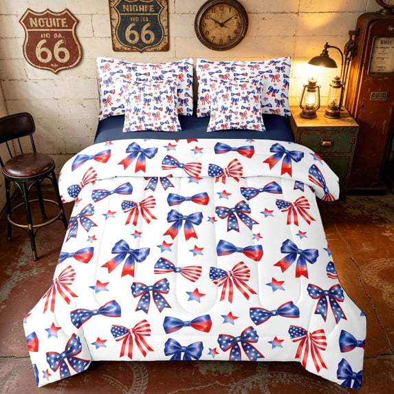Manfei Watercolor Bow Stars Full Size Bedding Sets, USA Flag Stripe Full Size Bed in a Bag, Red Blue White, Navy Reversible 7pcs