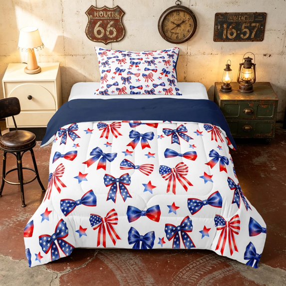 Manfei Watercolor Bow Stars Twin Comforter Sets, USA Flag Stripe Bedding Set, Red Blue White, Navy Reversible 2-Piece, 1 Comforter and 1 Pillowcase