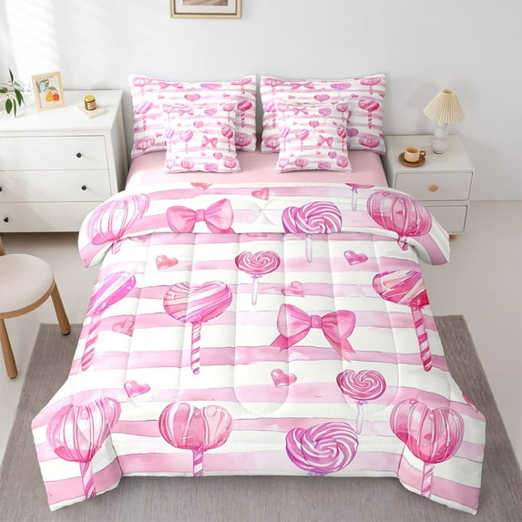 Manfei Watercolor Bowknot Bedding Comforter Set 7 Pieces, Cartoon Lollipop Full Bedding Set, Pink Geometric Abstract Reversible Fitted Sheet Flat Sheet, Microfiber Bedroom Decor
