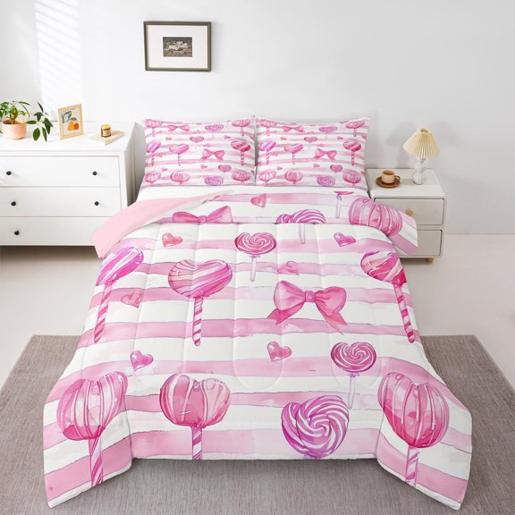 Manfei Watercolor Bowknot Full Size Comforter Sets, Cartoon Lollipop Bedding Comforter Set, Pink Geometric Abstract Reversible Bedding Sets, Microfiber Bedroom Decor, 3 Pieces