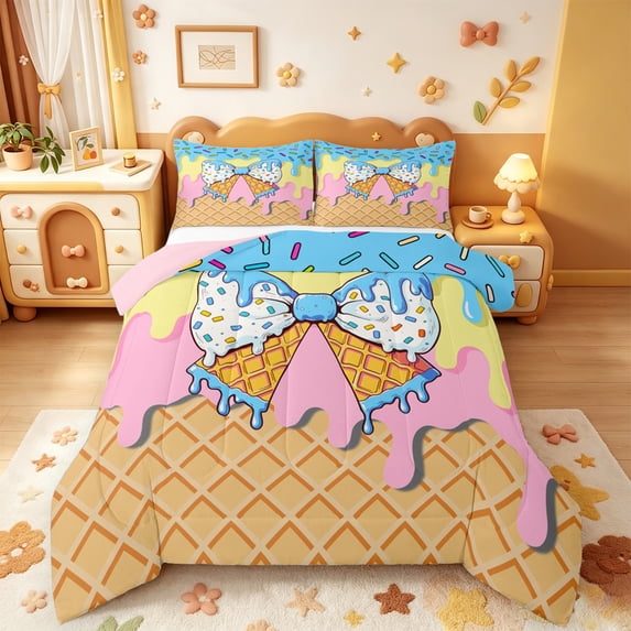 Manfei Watercolor Bowknot Full Size Comforter Sets,Drippy Ice Cream Pattern Bedding Comforter Set,Pink Reversible,3 Pieces,1 Comforter and 2 Pillowcases