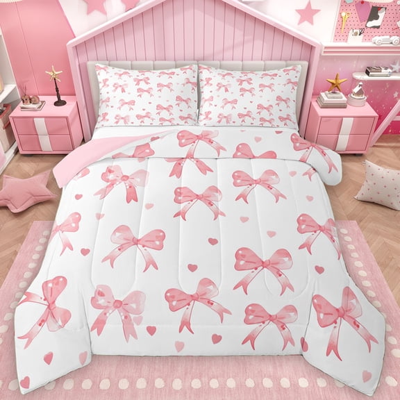 Manfei Watercolor Bowknot Queen Comforter Set, Kawaii Love Heart Bedding Sets, Teens Kids Girls Women Reversible Bedding Comforter Set, Ultra Soft Bedroom Decor, 3pcs