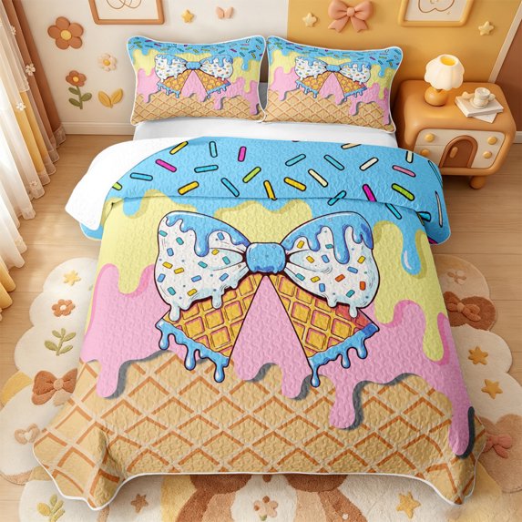Manfei Watercolor Bowknot Quilt Full,Drippy Ice Cream Pattern Full Bedspread Sets,3 Pieces,1 Coverlet and 2 Pillowcases