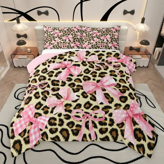 Manfei Watercolor Bowknot Teens Bedding Comforter Set, Fashion Leopard Cheetah Print Twin Comforter Sets, Buffalo Ribbon Reversible Bedding Set, Lightweight Room Decor, 2-Piece