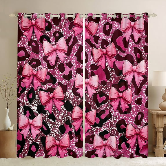 Manfei Watercolor Bowknot Teens Curtains Pack of 2 (42x84 Each), Fashion Leopard Cheetah Print Curtains Blackout, Black Pink Ribbon Bedroom Curtains, Curtains and Drapes Decor
