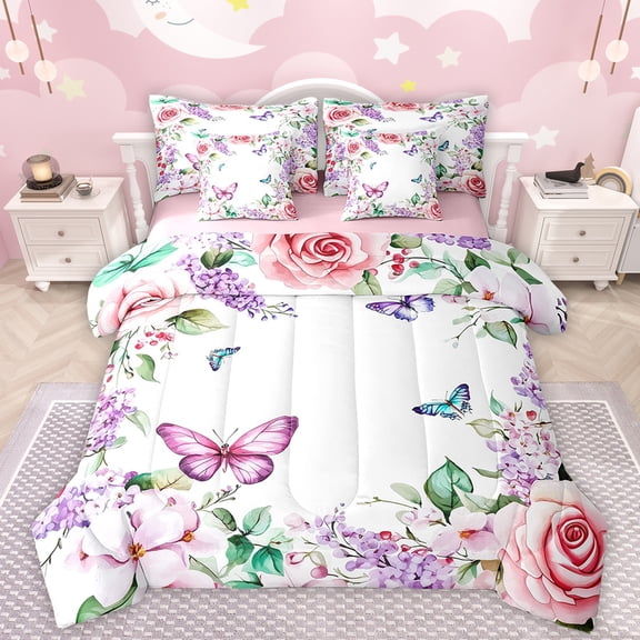 Manfei Watercolor Butterfly 7-Piece Bedding Comforter Set,Purple Lavender King Bedding Sets,Pink Rose Floral Bed Sheets For Girls Teens,Microfiber Bedroom Decor Reversible