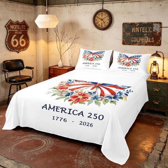 Manfei Watercolor Butterfly Bed Sheets, Patriotic Floral 250 Print Full Size Sheets, White, Polka Dots Reversible 4pcs (1 Flat Sheet, 1 Fitted Sheet and 2 Pillowcases)