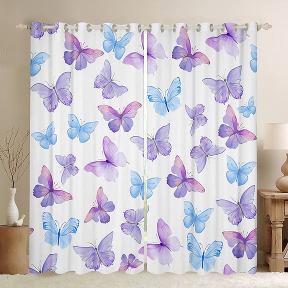 Manfei Watercolor Butterfly Black Out Curtains for Girls, Blue Purple Animal Curtains Pack of 2 (42x63 Each), Flying Wildlife Bedroom Curtains Luxurious Home Decor