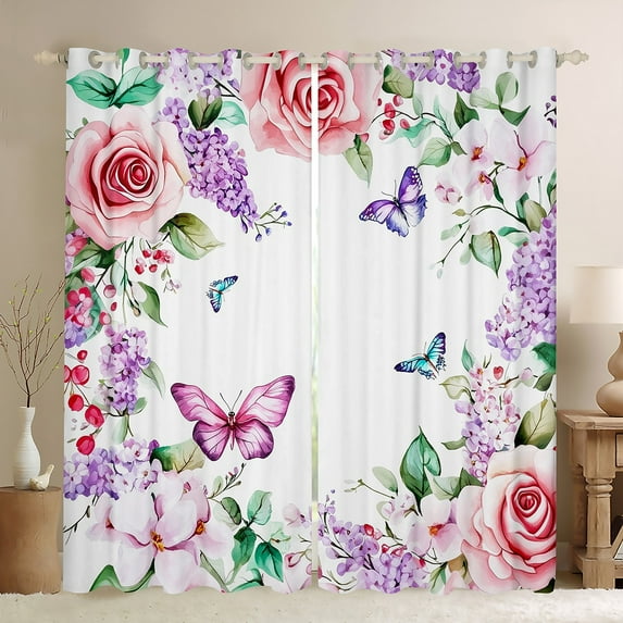 Manfei Watercolor Butterfly Black Out Curtains,Purple Lavender Curtains Pack of 2 (42x63 Each),Pink Rose Floral Bedroom Curtains For Girls Teens,Microfiber Bedroom Decor