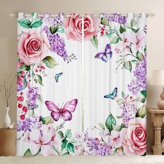 Manfei Watercolor Butterfly Black Out Curtains,Purple Lavender Curtains Pack of 2 (42x63 Each),Pink Rose Floral Bedroom Curtains For Girls Teens,Microfiber Bedroom Decor