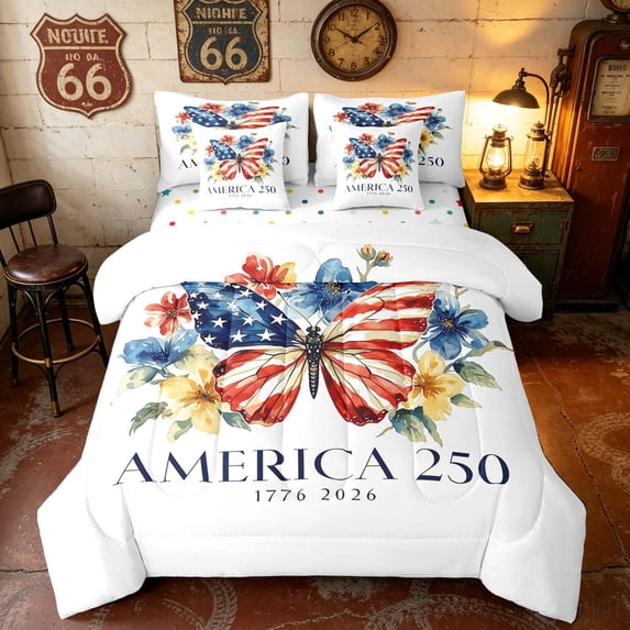 Manfei Watercolor Butterfly Full Size Bedding Sets, America 250 Floral Print Full Size Bed in a Bag, White, Polka Dots Reversible 7-Piece