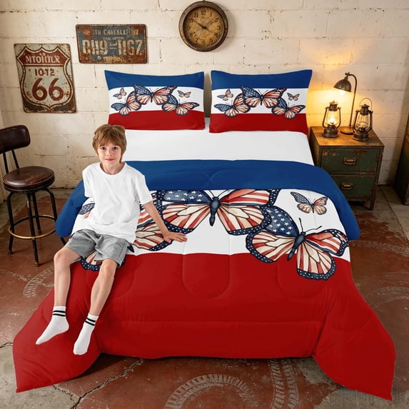 Manfei Watercolor Butterfly Queen Comforter Set, Patriotic Stripe Comforter Sets Queen, Red White Blue, Black Reversible 3pcs, 1 Comforter and 2 Pillowcases