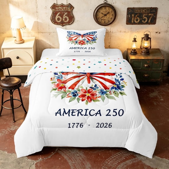Manfei Watercolor Butterfly Twin Comforter Sets, Patriotic Floral 250 Print Bedding Set, White, Polka Dots Reversible 2-Piece, 1 Comforter and 1 Pillowcase