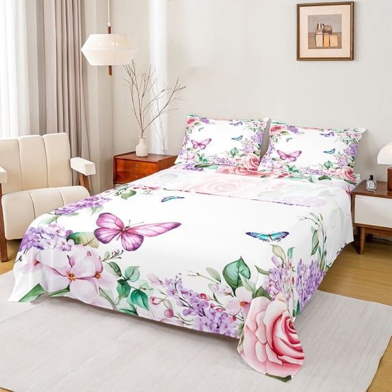 Manfei Watercolor Butterfly Twin Sheet Sets,Purple Lavender Twin Fitted Sheet,Pink Rose Floral Flat Sheet For Girls Teens,Microfiber Bedroom Decor,3 Pieces