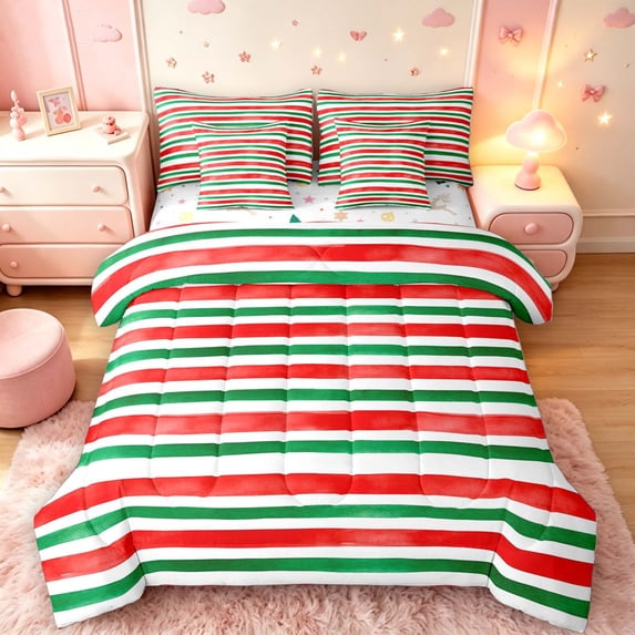 Manfei Watercolor Candy Stripe 7-Piece King Bedding,Dreamy Christmas King Bed in a Bag,Red White,Christmas Reversible