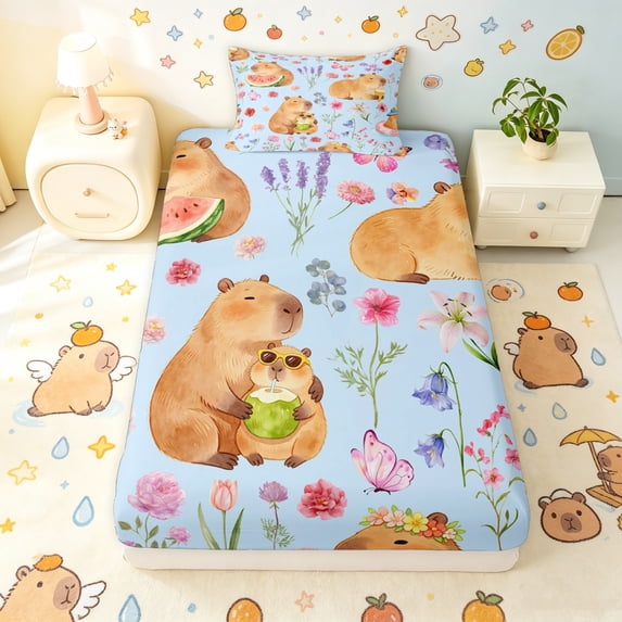 Manfei Watercolor Capybara Twin Fitted Sheet, Cute Floral Animal Bedding, Blue Tan, 2pcs, 1 Fitted Sheet and 1 Pillowcase
