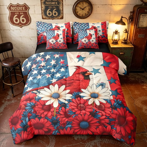 Manfei Watercolor Cardinal Bird Twin Bedding, USA Flag Bedding Comforter Set, Red White Blue, Black Reversible 7pcs